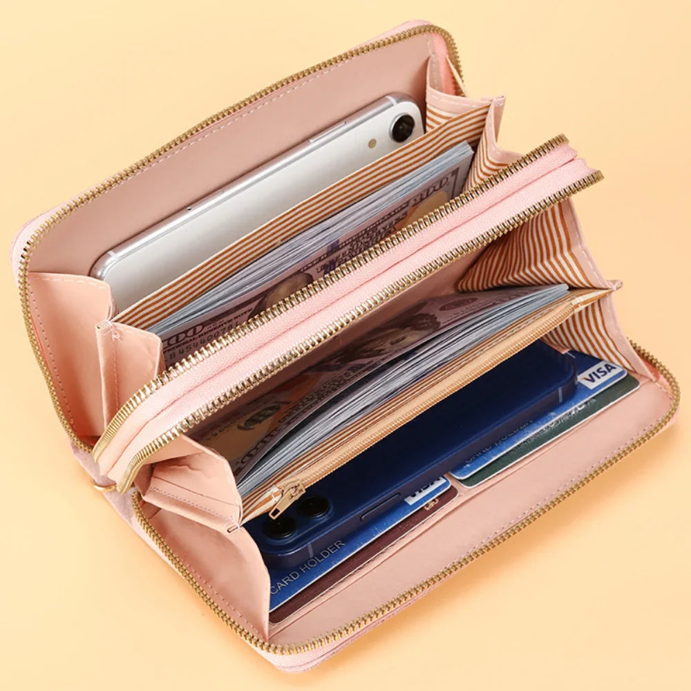 Portefeuille Femme Cuir PU Pompon - Porte-Monnaie Double Fermeture Éclair