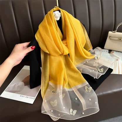 Foulard Soie Broderie Papillon Femme - Écharpe Châle Hijab Luxe Léger Élégant