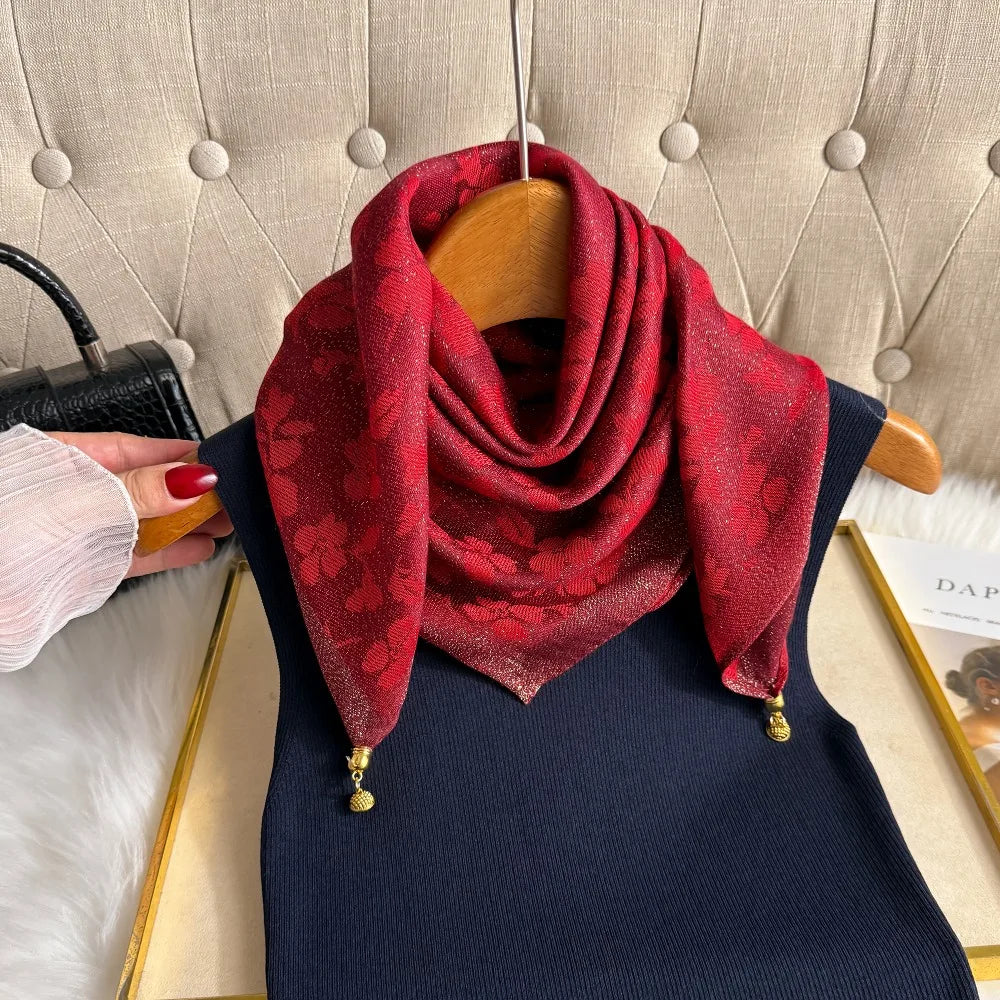 Women's 70cm Square Scarf with Magnetic Buckle - Premium Autumn/Winter Silk Triangle Scarf