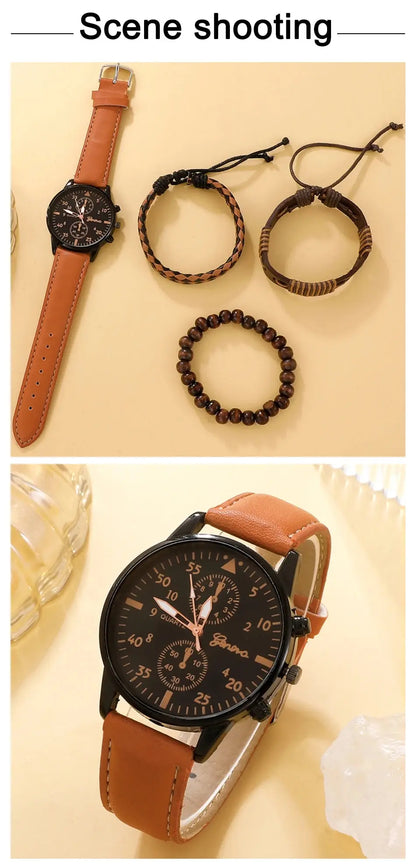 SHAARMS Montre Quartz Homme — Bracelet Cuir, Cadran Rond, Coffret Cadeau