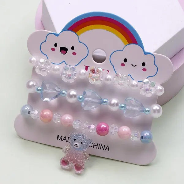 Ensemble 3 Bracelets Perles Cartoon Mignons Enfants – Princesse Licorne Fruits Chat Filles