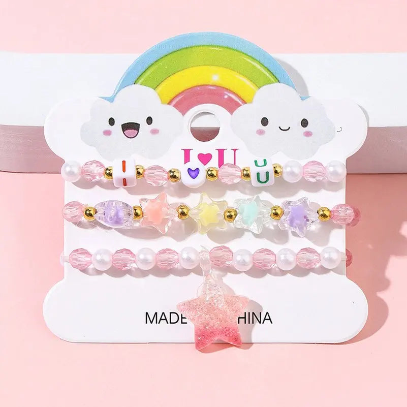 Ensemble 3 Bracelets Perles Cartoon Mignons Enfants – Princesse Licorne Fruits Chat Filles