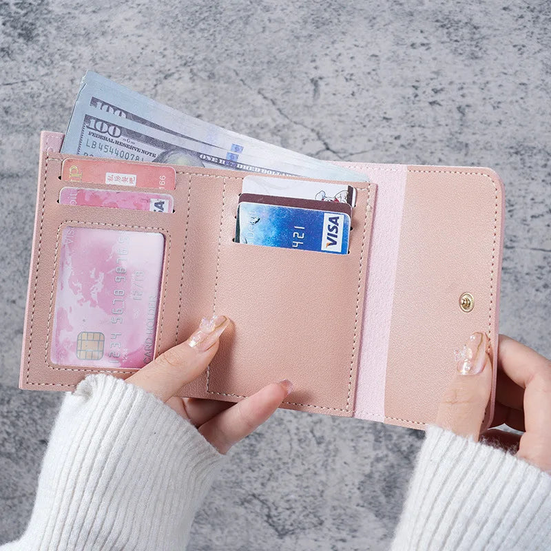 Portefeuille Femme Compact Rose - Mini Porte-Monnaie Cuir PU avec Fermoir et Compartiment Pièces