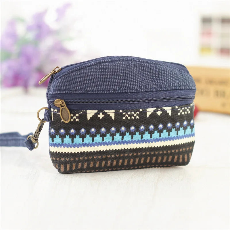 Porte-Monnaie Ethnique en Coton - Pochette Double Zip pour Femme et Enfant