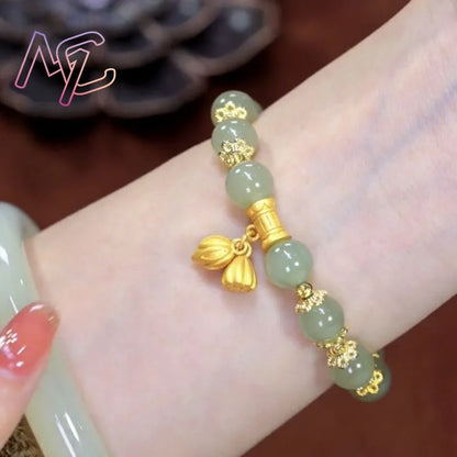 Bracelet Perles Jade Naturel Fleur Lotus – Bangle Pierre Gemme Vintage Classique Femme