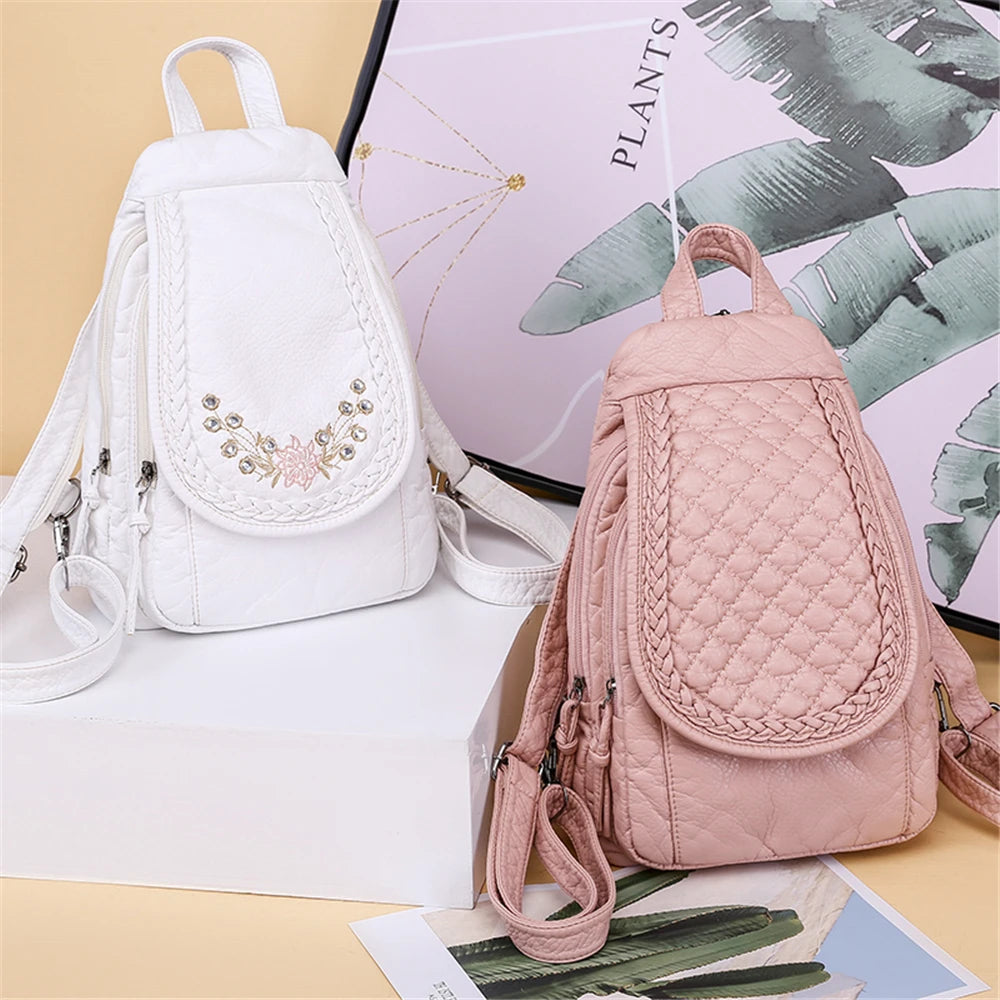 Sac à Dos Femme Cuir 3-en-1 Fleurs Noir - Backpack Voyage Ados Polyvalent