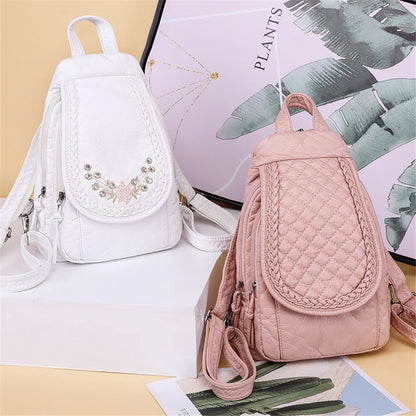 Sac à Dos Femme Cuir 3-en-1 Fleurs Noir - Backpack Voyage Ados Polyvalent