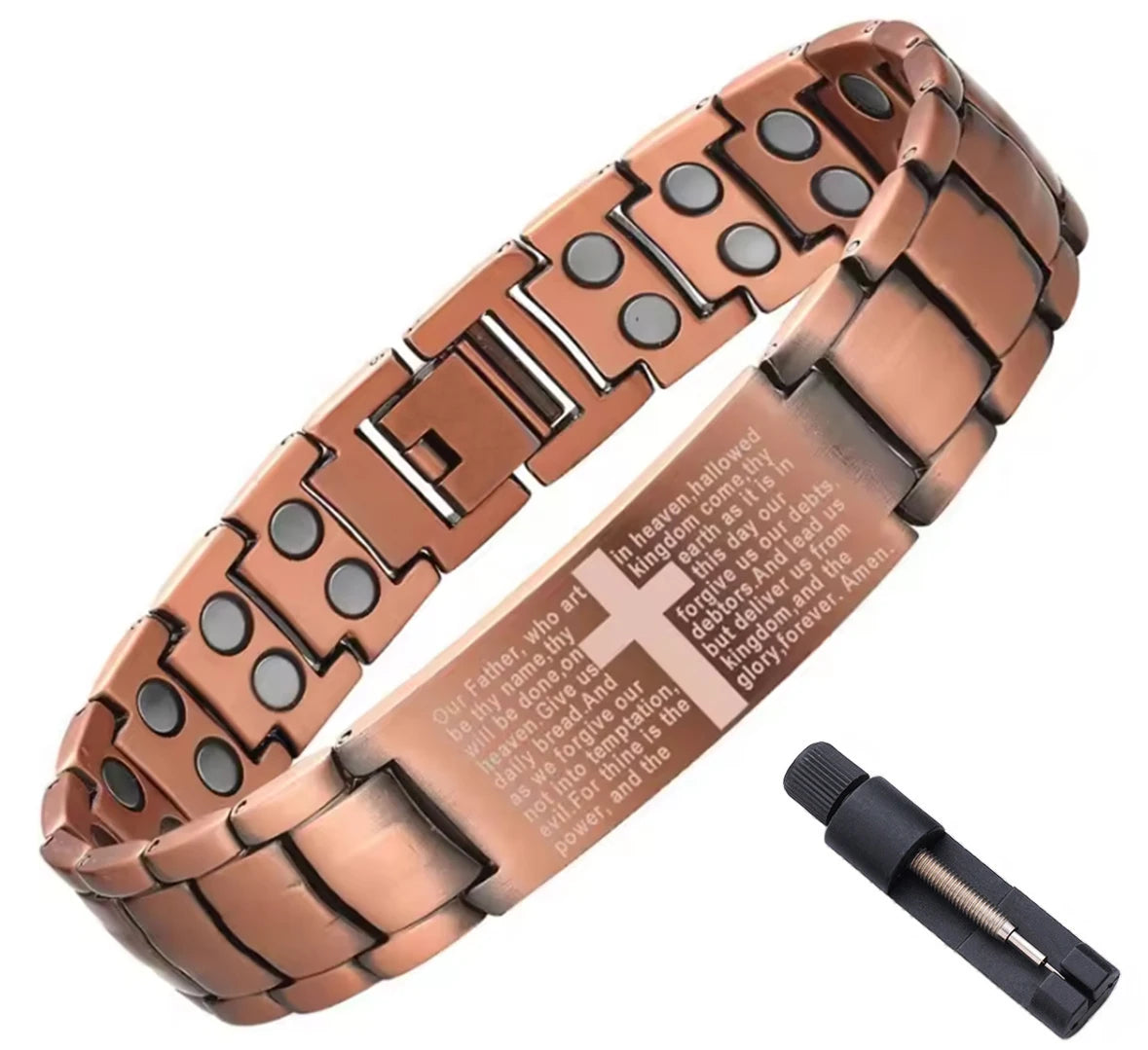 Bracelet Magnétique Cuivre Homme – Double Rangée d’Aimants & Motif Croix