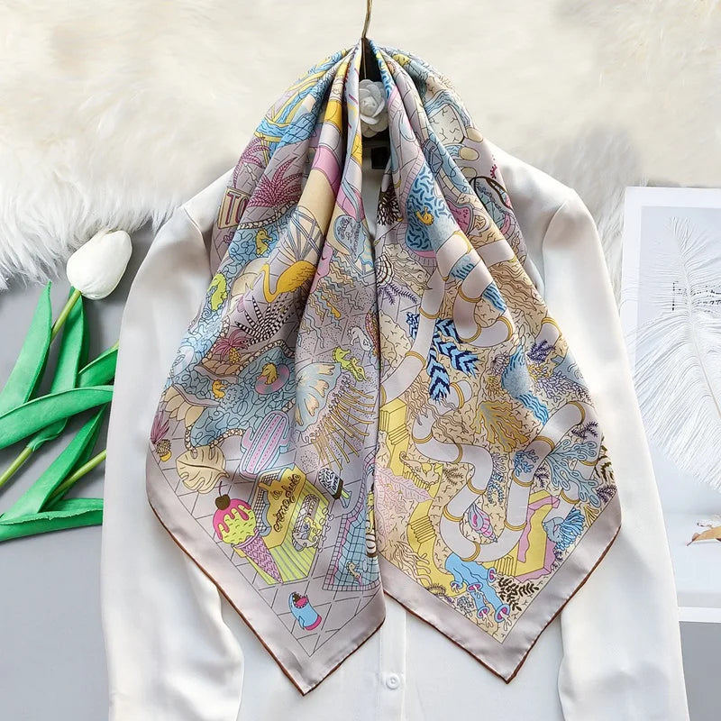 Foulard Carré Soie 100% 90cm Double Face Femme - Neckerchief Châle Luxe Gris Taupe