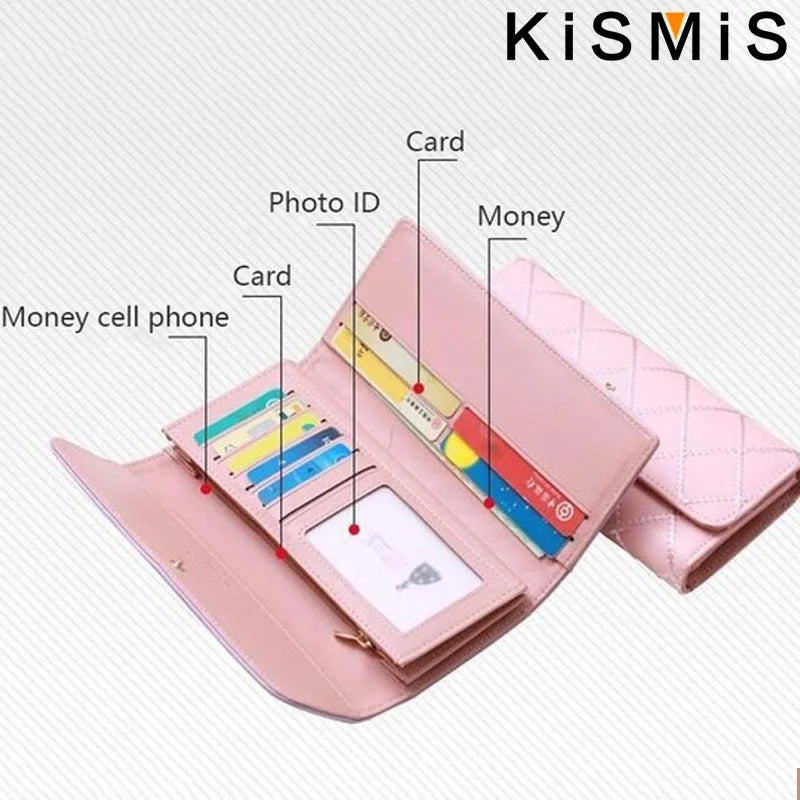 Portefeuille Femme Long Cuir PU Carreaux Rose - Porte-Carte Téléphone Hasp Poche Monnaie Élégant