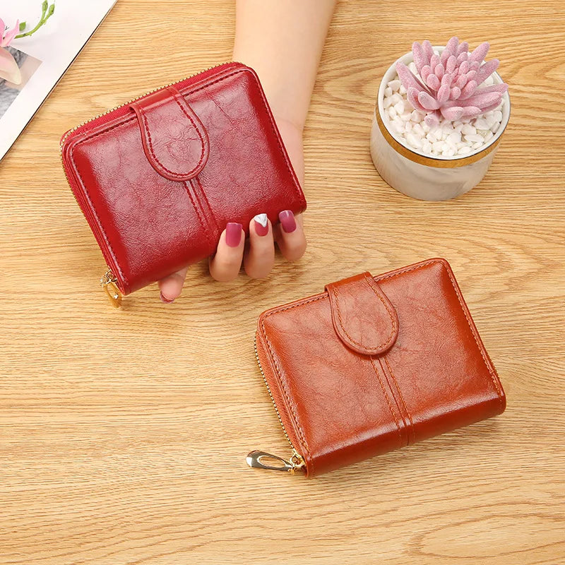 Portefeuille Femme Cuir Bifold Court Rose - Wallet Porte-Cartes Zipper Coin Pouch