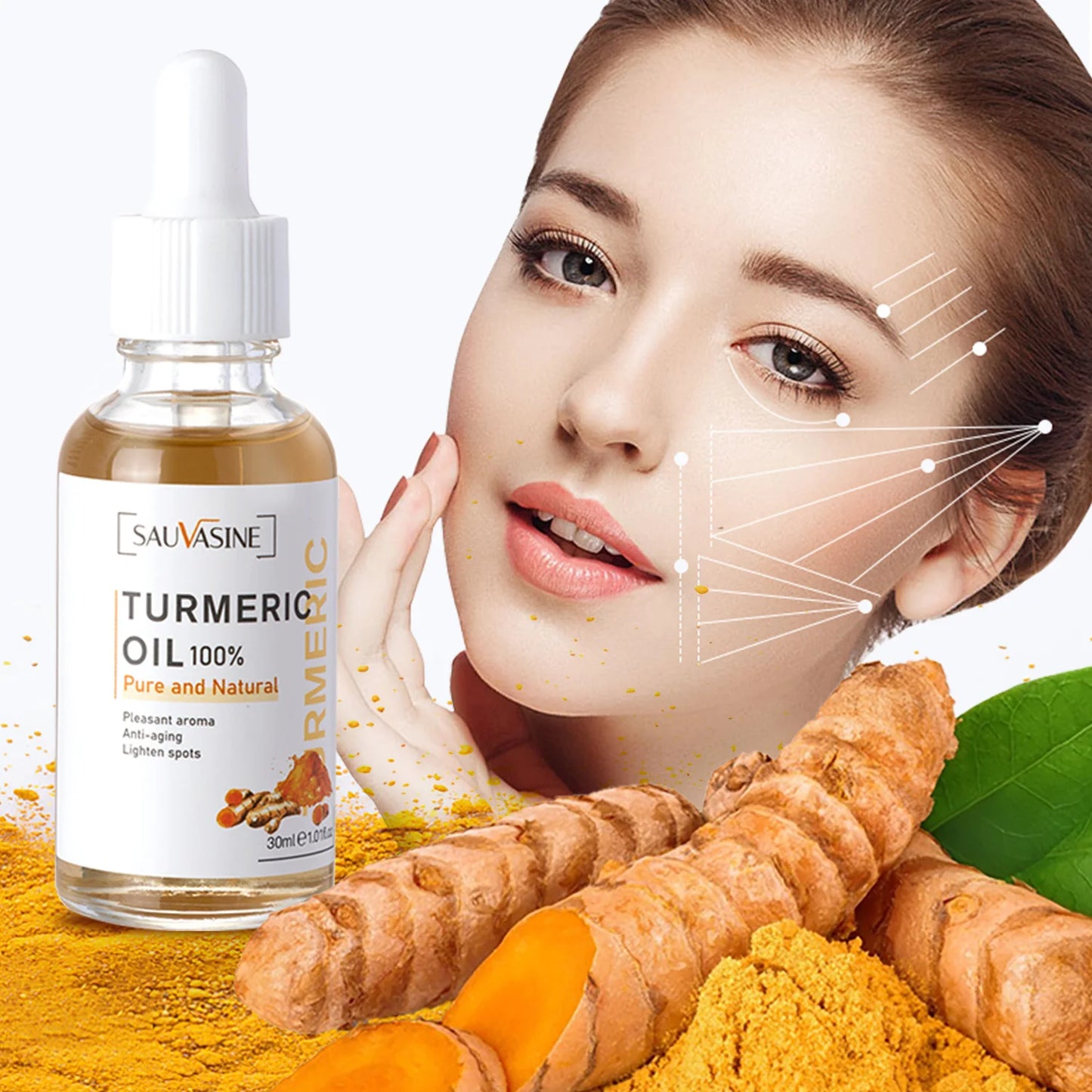 Huile Curcuma 100% Pure 10ml - Sérum Anti-Âge Rides Éclaircissant Taches Brunes Ridules Visage Femme