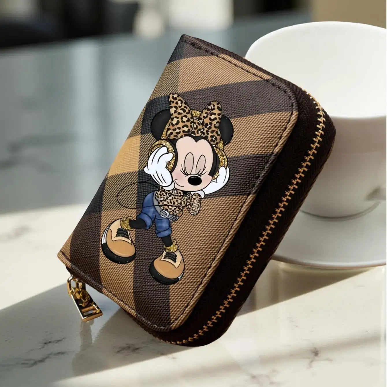 Portefeuille Minnie Motif Carreaux Léopard - Porte-Monnaie Court Cuir PU Zippé Femme Fille Disney
