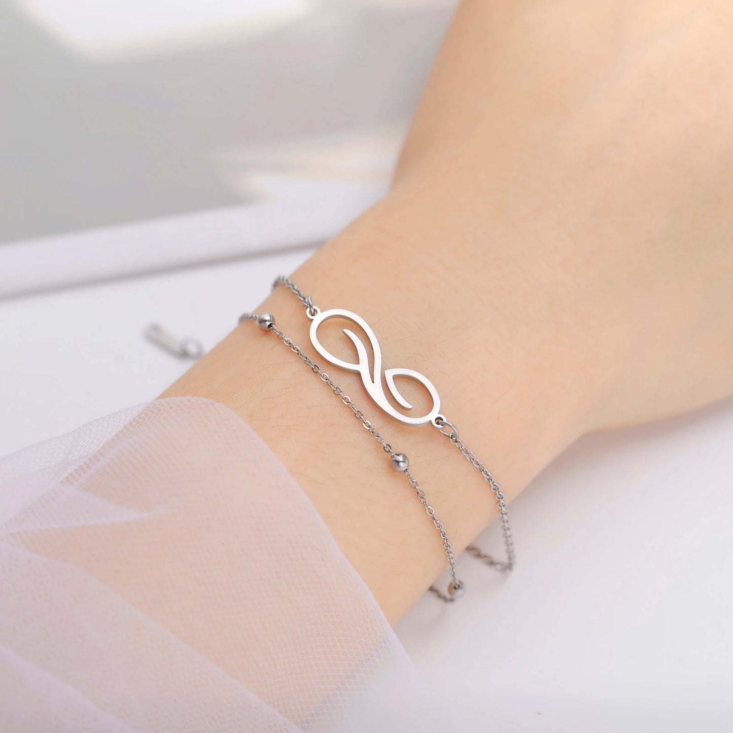 Bracelet Infini Acier Inoxydable – Double Couche Perles Minimaliste