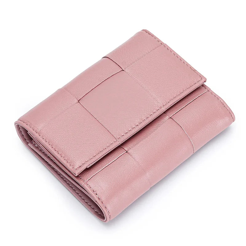 Portefeuille Femme Court Cuir Véritable Peau Mouton Tressé - Porte-Monnaie Trifold Zippé Grande Capacité Noir