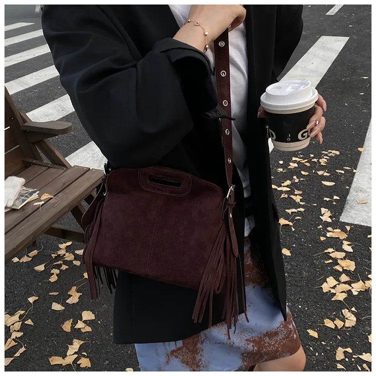 Sac à Main Femme Daim Vintage Style Français - Sac Bandoulière Épaule Glands Café