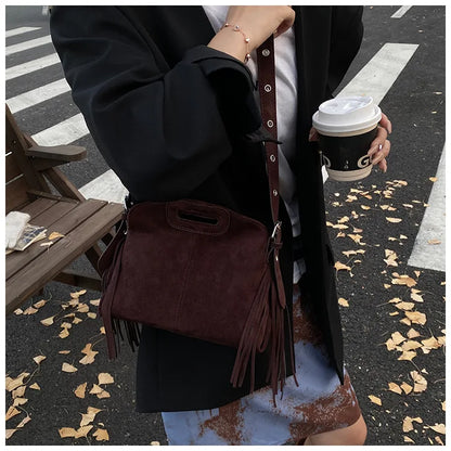 Sac à Main Femme Daim Vintage Style Français - Sac Bandoulière Épaule Glands Café