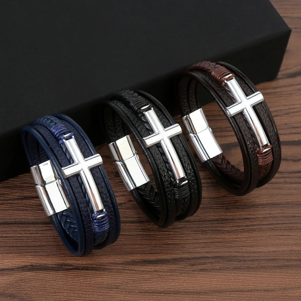 Bracelet Cuir Tressé Multicouche Punk – Boucle Magnétique Croix Homme