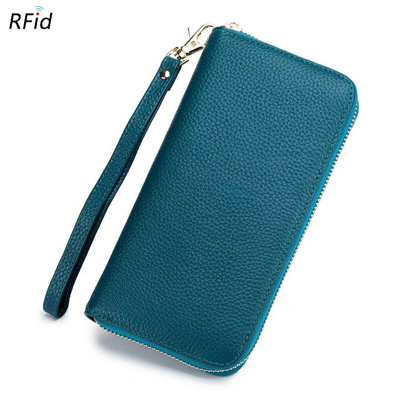 Portefeuille Femme Cuir Véritable RFID - Porte-Carte Zippé Multi-Compartiments avec Pompon