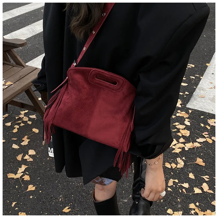 Sac à Main Femme Daim Vintage Style Français - Sac Bandoulière Épaule Glands Café
