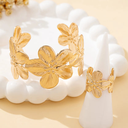 Ensemble Bracelet Bague Fleurs Bohème Doré – Ajustables Romantique Mariage