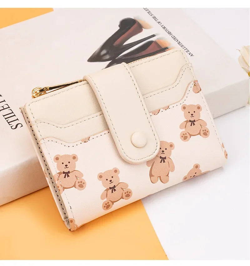 Portefeuille Femme Court Ourson Mignon - Bifold Cuir PU Porte-Cartes Zipper Bleu
