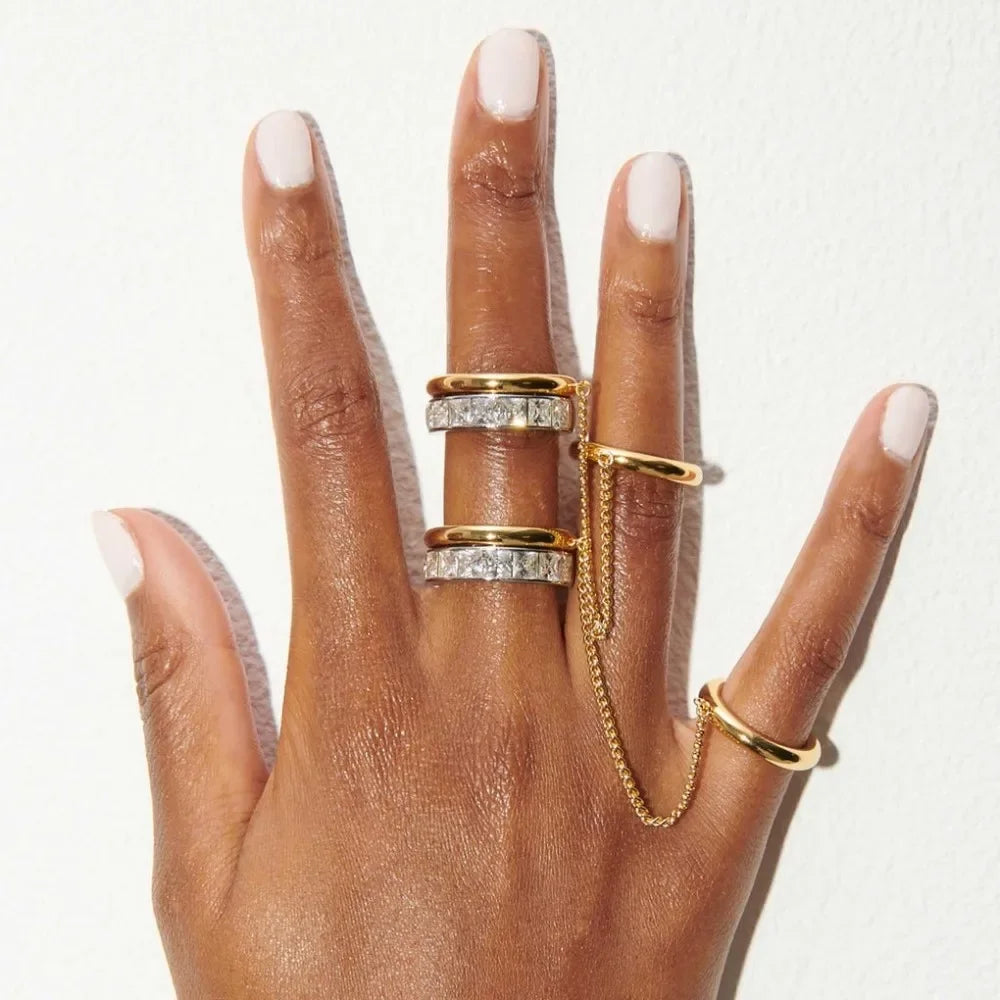 Bague Double Chaîne Plaquée Or 18K — Zircon, Acier Inoxydable, Tailles US6-8