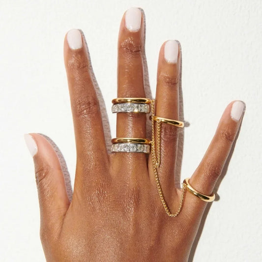Bague Double Chaîne Plaquée Or 18K — Zircon, Acier Inoxydable, Tailles US6-8