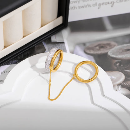 Bague Double Chaîne Plaquée Or 18K — Zircon, Acier Inoxydable, Tailles US6-8