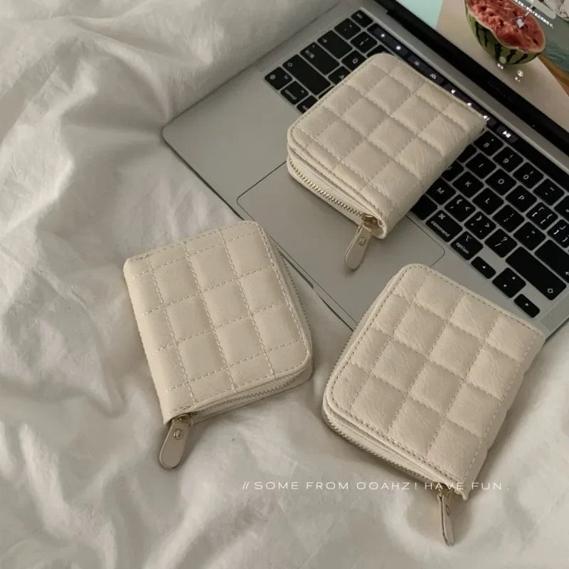Portefeuille Court Femme Cuir PU à Carreaux - Petit Porte-Cartes avec Zip et Porte-Monnaie