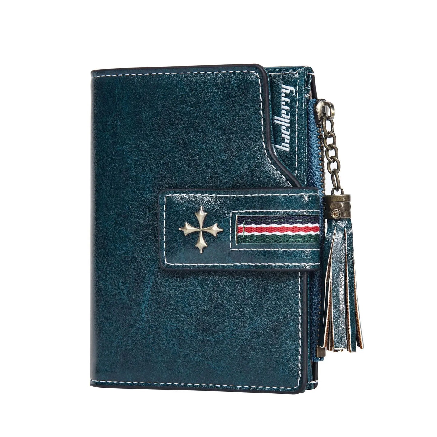 Portefeuille Femme Cuir Ciré Glands - Porte-Monnaie Tri-Fold Multi-Fentes Fermeture Éclair