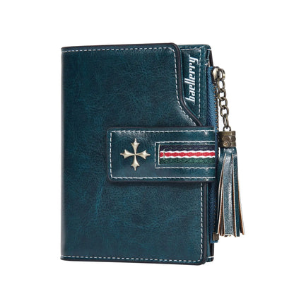Portefeuille Femme Cuir Ciré Glands - Porte-Monnaie Tri-Fold Multi-Fentes Fermeture Éclair
