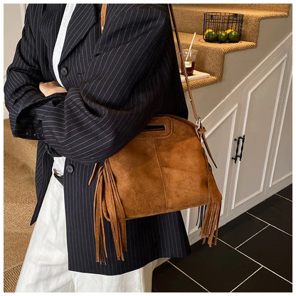 Sac à Main Femme Daim Vintage Style Français - Sac Bandoulière Épaule Glands Café