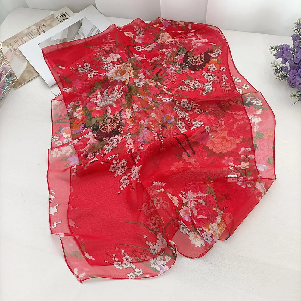 Foulard Écharpe Mousseline Georgette Femme Fleur Prune - Bandana Été Léger Respirant