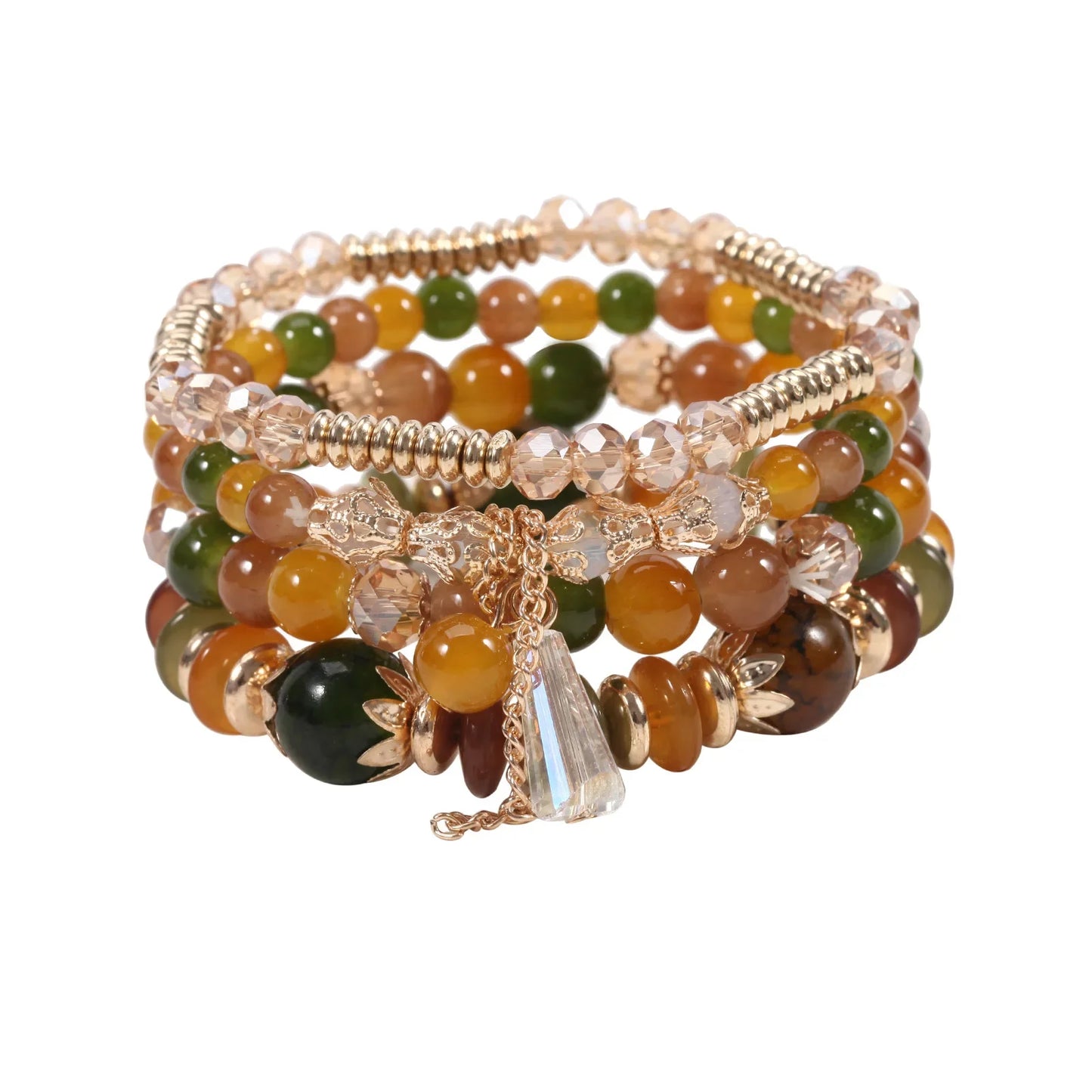 Set de 4 Bracelets Bohèmes Perles Verre Colorées - Pompons et Charms