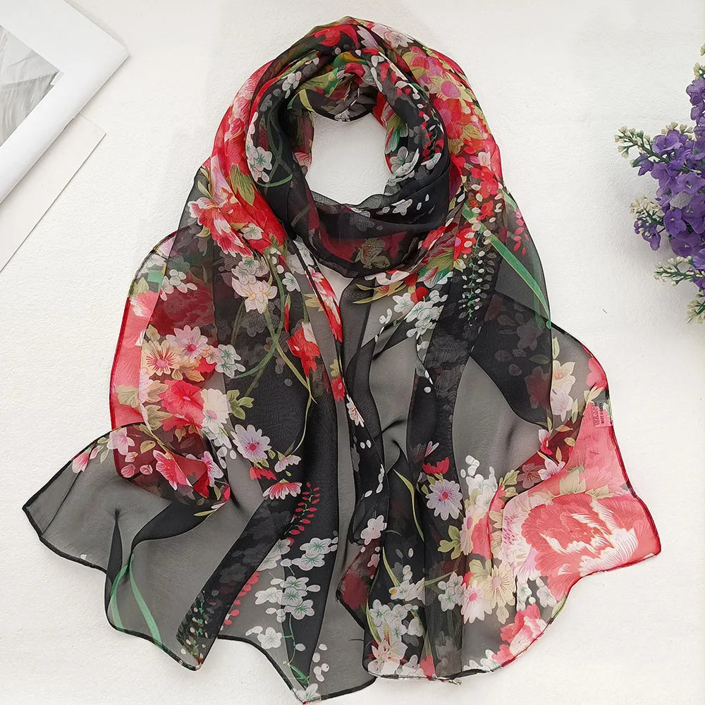 Foulard Écharpe Mousseline Georgette Femme Fleur Prune - Bandana Été Léger Respirant