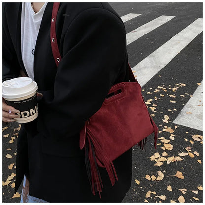 Sac à Main Femme Daim Vintage Style Français - Sac Bandoulière Épaule Glands Café