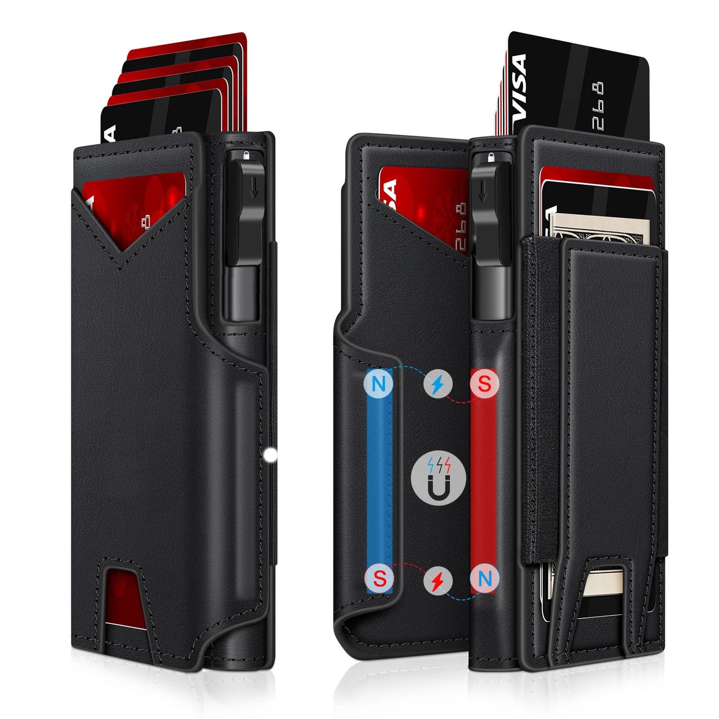Portefeuille Homme Cuir Noir Slim Bifold RFID - Porte-Carte Pop-Up Métal Blocage Anti-RFID Minimaliste