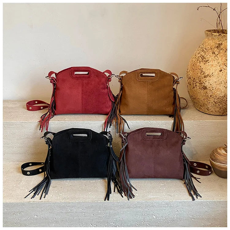 Sac à Main Femme Daim Vintage Style Français - Sac Bandoulière Épaule Glands Café