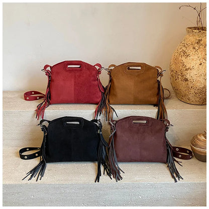 Sac à Main Femme Daim Vintage Style Français - Sac Bandoulière Épaule Glands Café