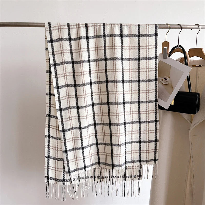 Women's Cashmere Scarf - Warm Checkered Shawl for Winter