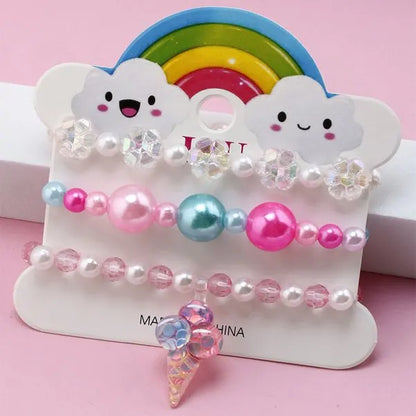 Ensemble 3 Bracelets Perles Cartoon Mignons Enfants – Princesse Licorne Fruits Chat Filles