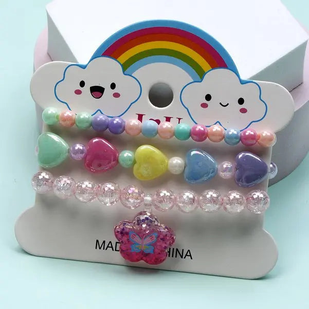 Ensemble 3 Bracelets Perles Cartoon Mignons Enfants – Princesse Licorne Fruits Chat Filles