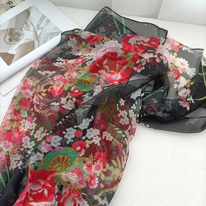 Foulard Écharpe Mousseline Georgette Femme Fleur Prune - Bandana Été Léger Respirant