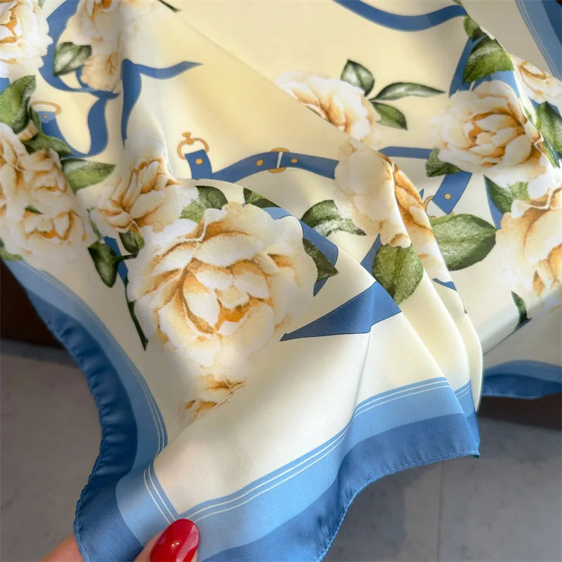 Foulard Carré Soie 70cm Imprimé Rose Femme - Écharpe Printemps Été Headscarf Bandana