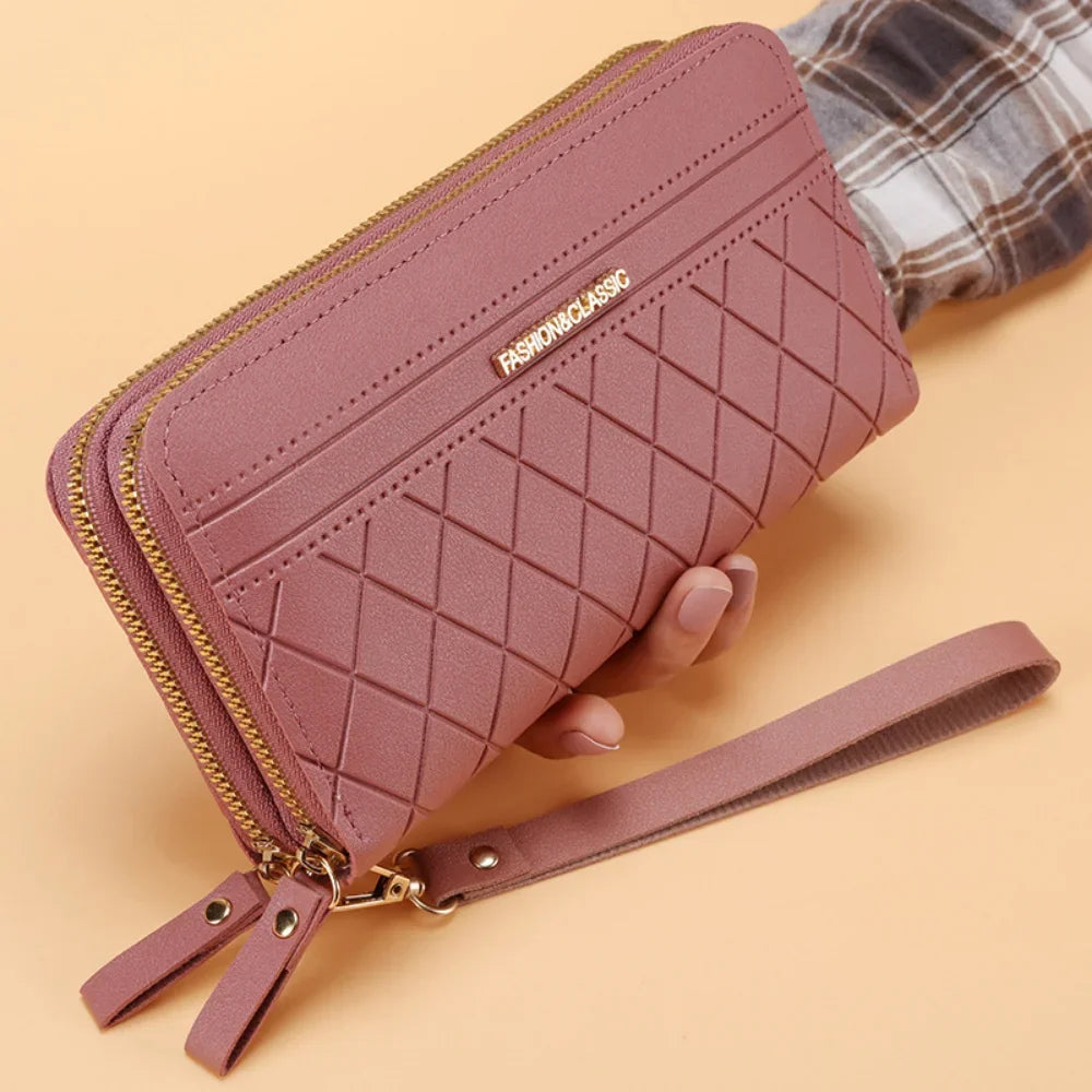 Portefeuille Femme Cuir PU Pompon - Porte-Monnaie Double Fermeture Éclair