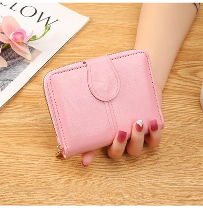 Portefeuille Femme Cuir Bifold Court Rose - Wallet Porte-Cartes Zipper Coin Pouch