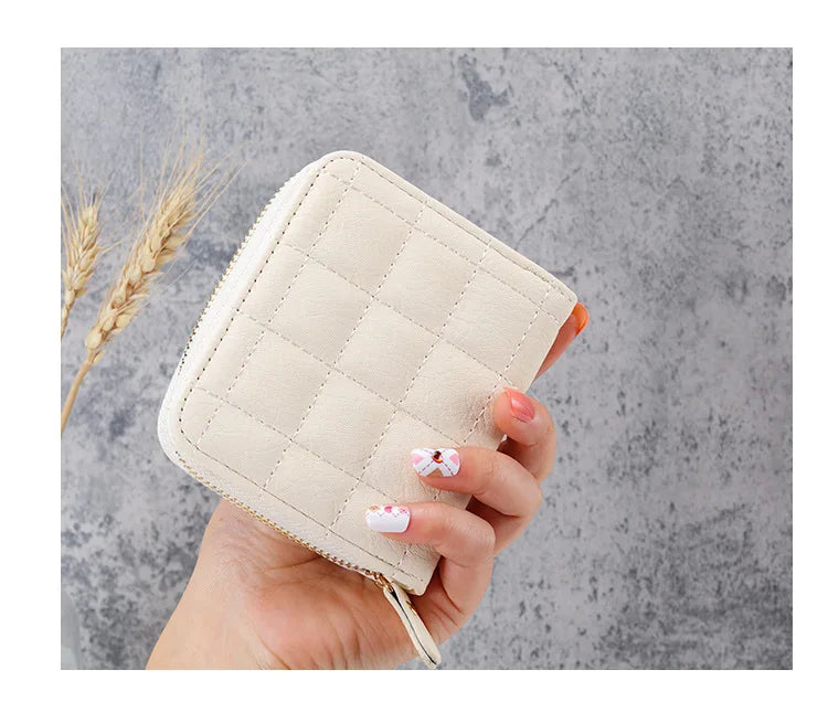 Portefeuille Court Femme Cuir PU à Carreaux - Petit Porte-Cartes Zip avec Porte-Monnaie