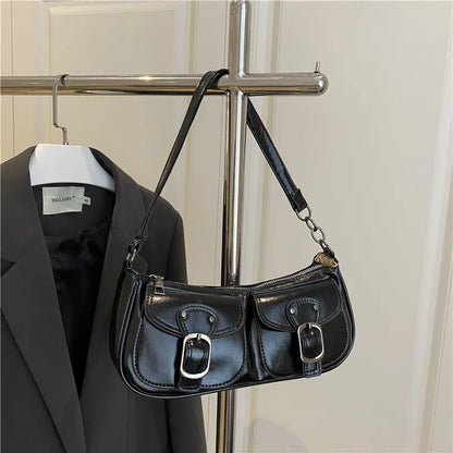 Sac Épaule Femme Cuir PU Y2K Vintage - Petit Sac Aisselle Double Poche Design Fashion Clutch Purse