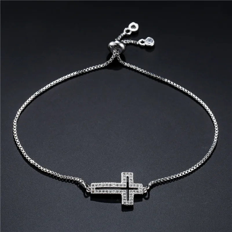 Bracelet Chaîne Cuivre Zircon Croix – Or & Argent Ajustable Unisexe Soirée